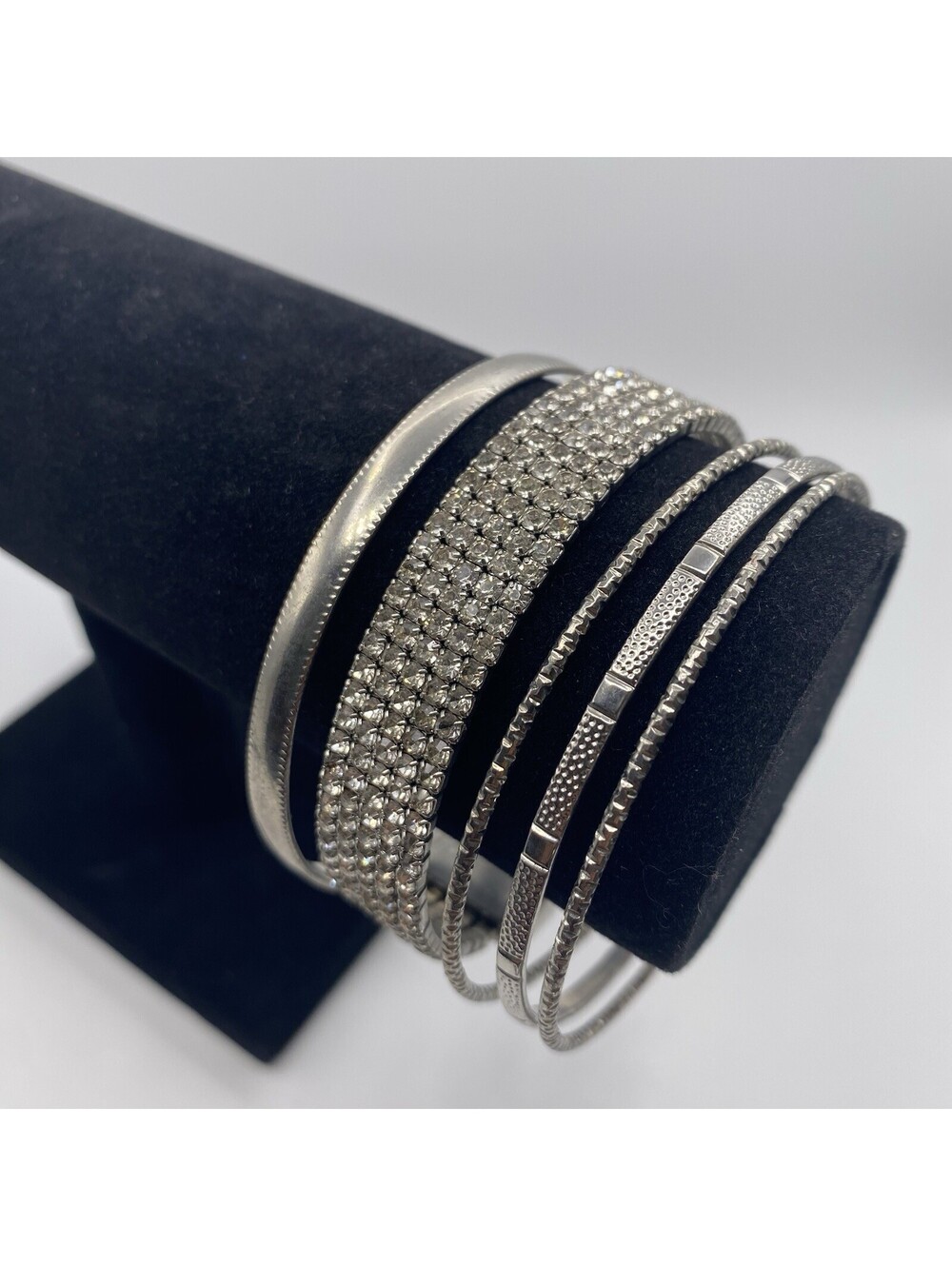 Lot of 5 Bangle Bracelet Silver-Tone Sparkly Rhinestone Stackable Bundle 8-8.25"
